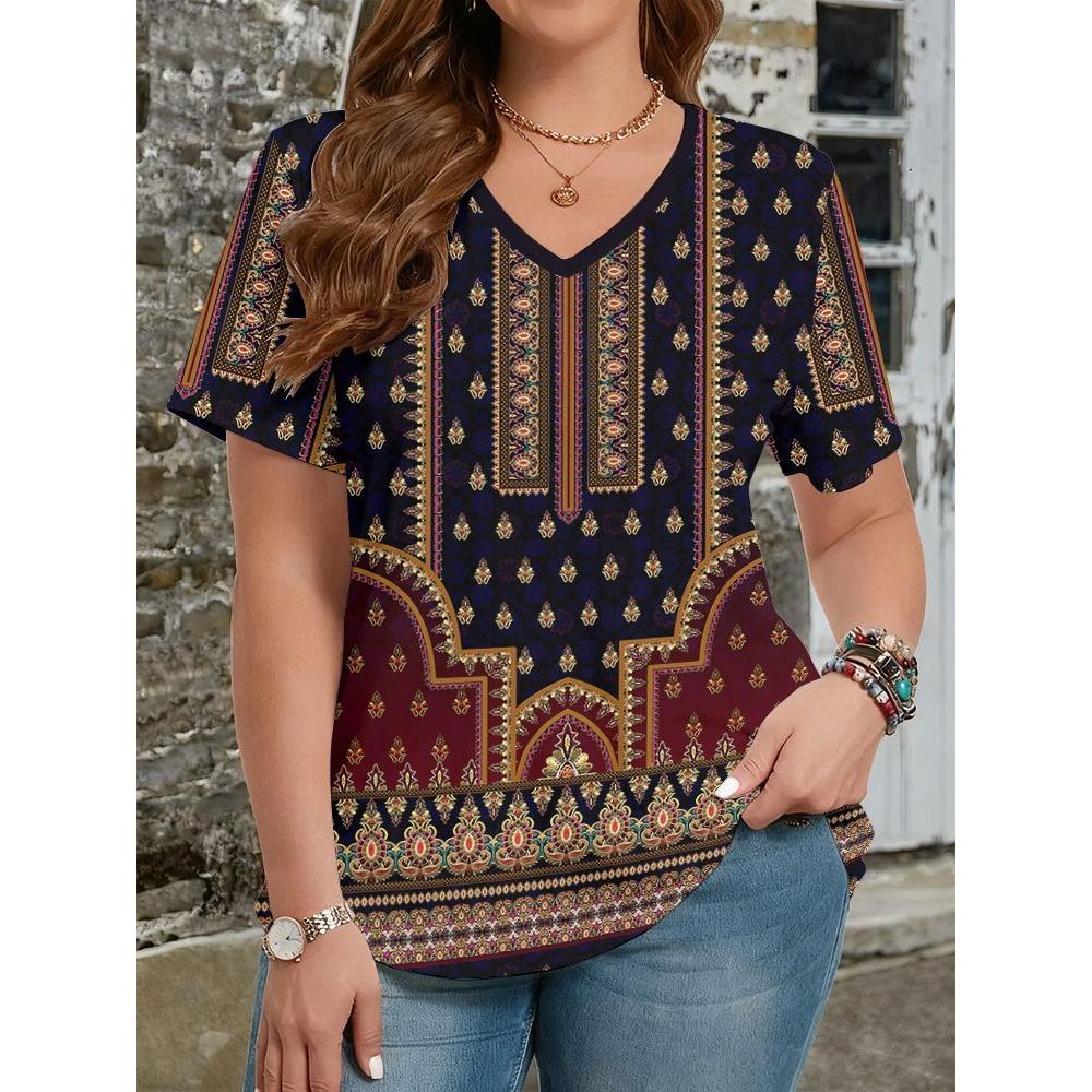 Ethnic Style T-Shirts Vintage Floral 3D Print Women's V-Neck Short Sleeve T Shirt Y2k Harajuku Tees Casual Tops Female Clothing