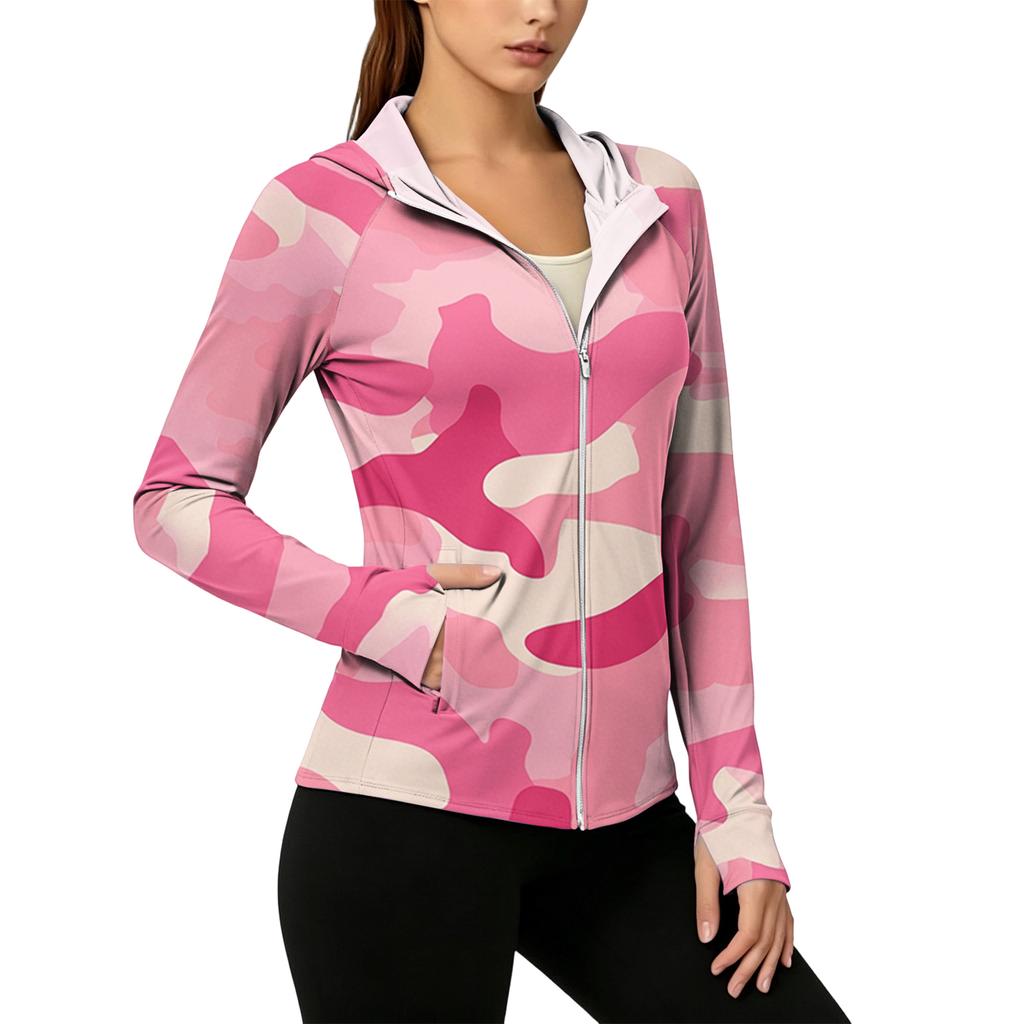 Leichte Kapuzenjacke mit Reißverschluss und Taschen für Damen, Langarm, Camouflage, Sonnenschutzjacke für Outdoor-Aktivitäten