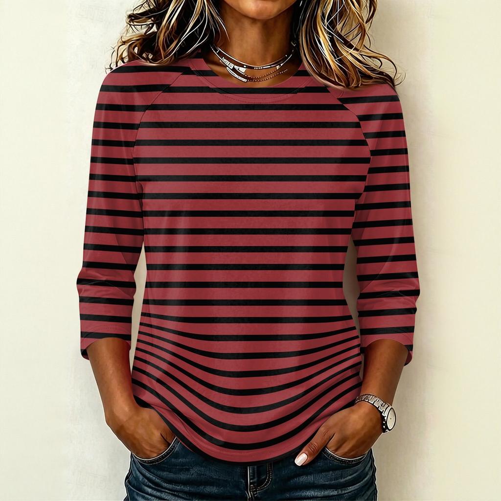 Damen Mode Lässig Bequem Raglanärmel Rundhals Dreiviertelärmel Gestreiftes Muster Pullover T-Shirt Oberteil