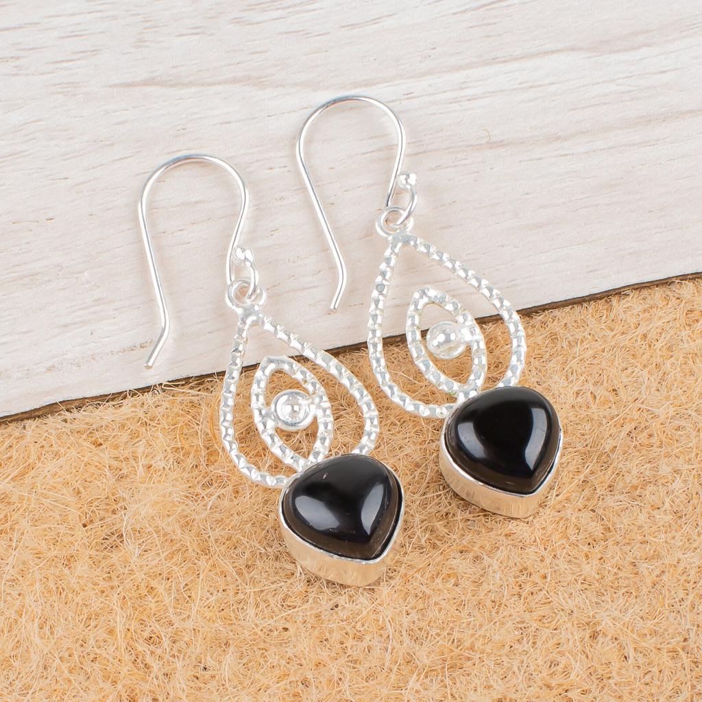 Natural Black Tourmaline Gemstone 925 Sterling Silver Handcrafted Earrings 2.00" EE-32-27