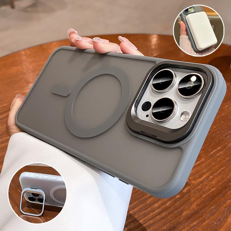 Metal Camera Kickstand For iPhone 16 15 14 Plus 13 12 Mini 11 Pro Max For Magsafe Wireless Charge Magnet Matte Shockproof Cover