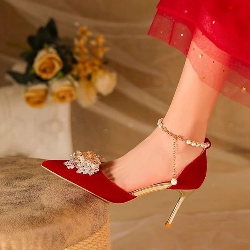 Fashion Elegant Pearl Chain Buckle Strap Thin High Heels Crystal Flower Decor Wedding Bridesmaid Shoes Temperament Party Prom Lady Pumps