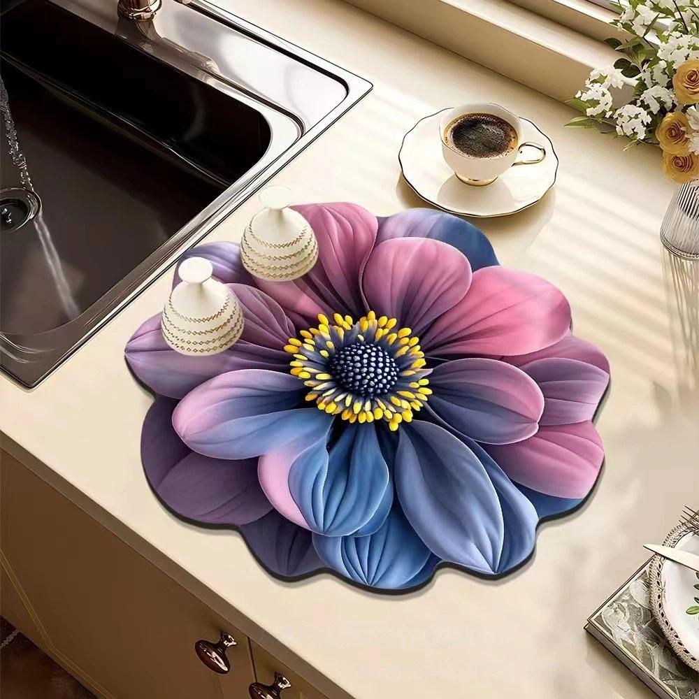 Szybkoschnąca mata do suszenia naczyń z ziemi okrzemkowej z realistycznym wzorem kwiatowym