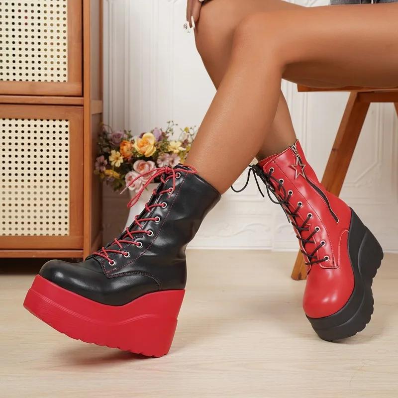 Mada 11CM Naujo dizaino moteriški pankroko gotikiniai motociklininko batai platforminiai stambiu aukštu kulnu aulinukai moterims šaunūs pleišto juodi raudoni moteriški batai