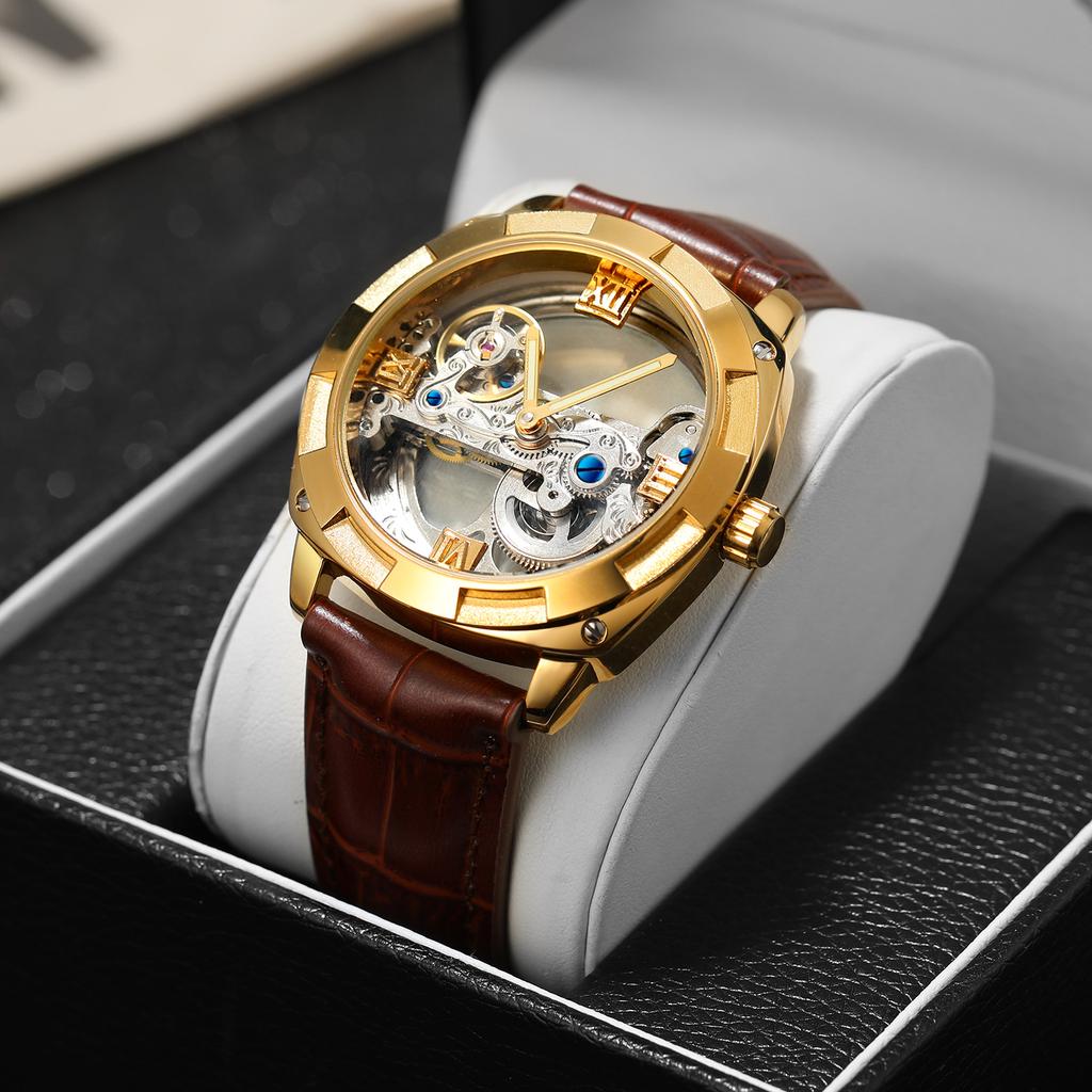 Forsining Official Exclusive Sale Golden Double Side Transparent Modern Design Men Watch Top Luxury Automatic Wristwatches