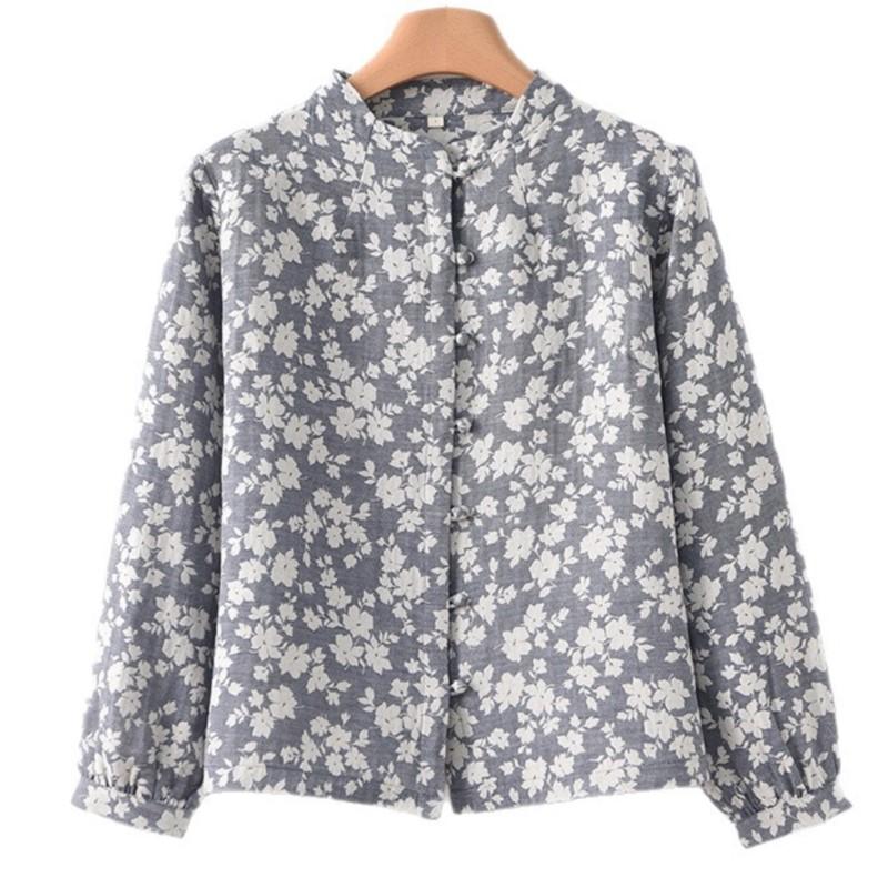 Johnature Women Vintage Shirts Tops Print Floral Stand Long Sleeve Autumn Blouses Button Shirts