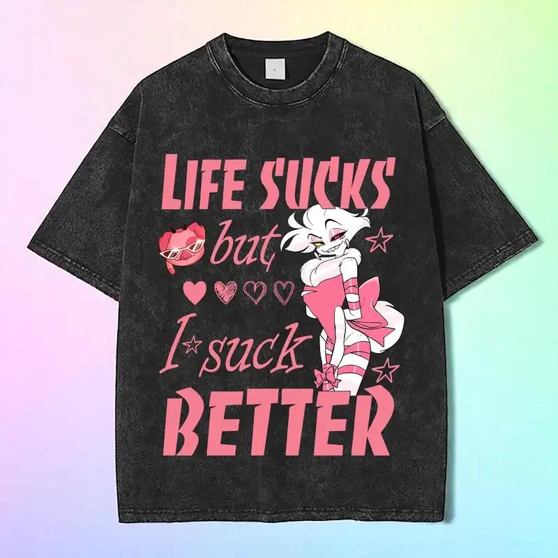 Anime Hazbin Hotel Angel Dust T-shirt Men Women Clothing Gothic Vintage Washed Oversized T Shirt Short Sleeve Cotton Tops S