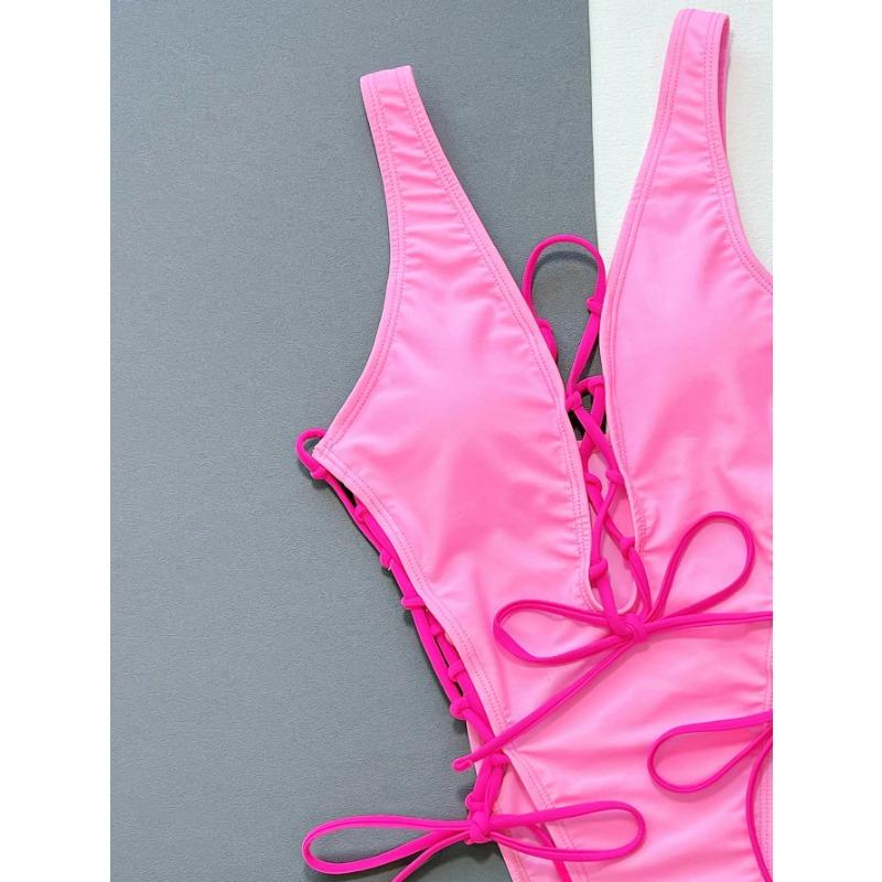 2025 Pink Lace Up Strapped Swimwear Women Sexy Hollow Push UP One Piece Swimsuit Blackless Beach Bathing Suit