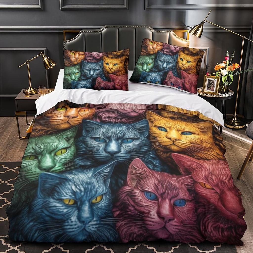 3D Digital Printing Color Cat Series Quilt Cover Pillowcase Two Or Three-Piece Set Polyester Abraded