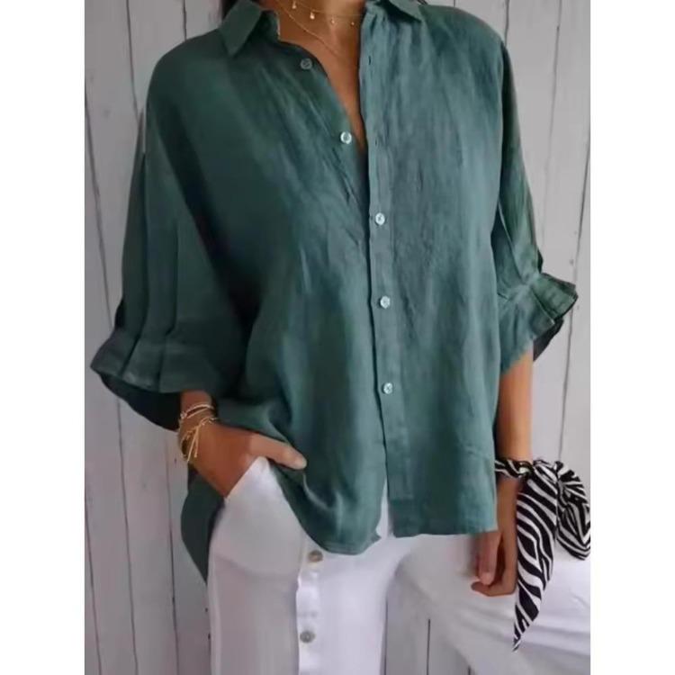 Women's Casual Fashion Solid Color Print POLO Neck Blouses Shirts 3/4 Sleeves Spring Fall