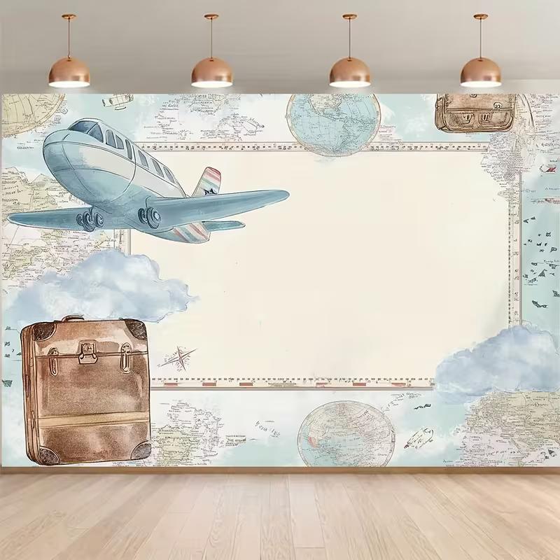 

2D Retro World Map Backdrop Baby Shower Travel Theme Photo Booth Background Cloth 47.2x31.5inch/120*80cm