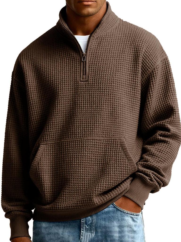 Men's American-Style Zipper Waffle Knit Hoodie - Solid Color, Loose Fit