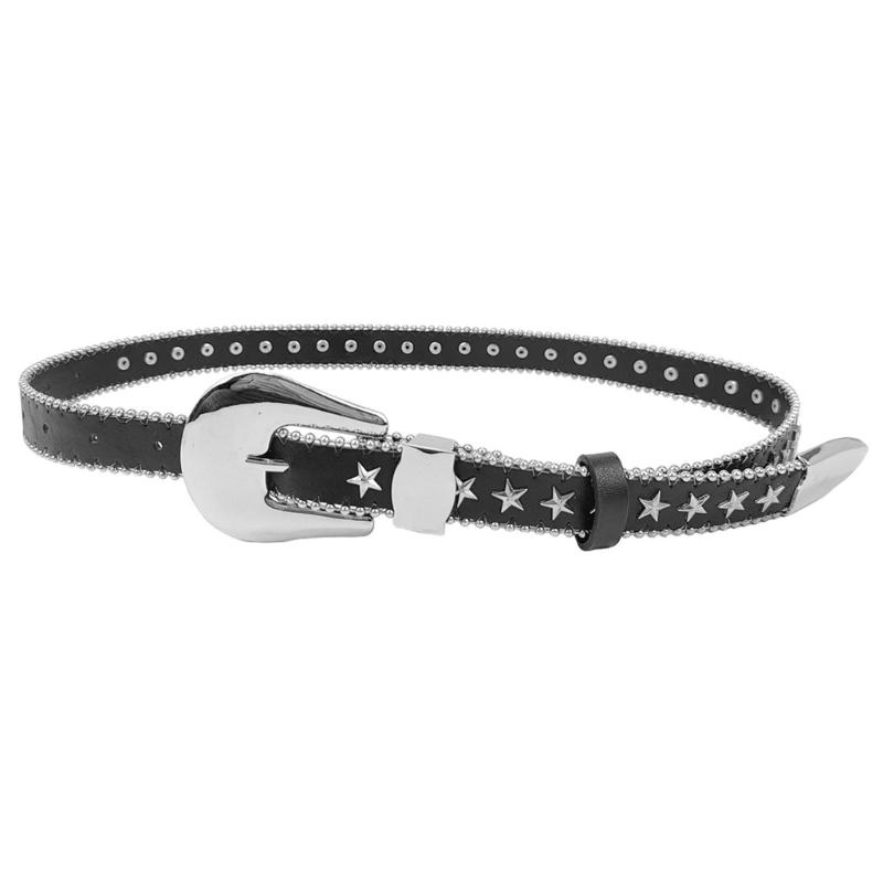 

Rivet Belt for Adult Bead Trim Carved Buckle Belt Adjustable Punk Waiststrap PU Leather Waistband Western Waist Ornament