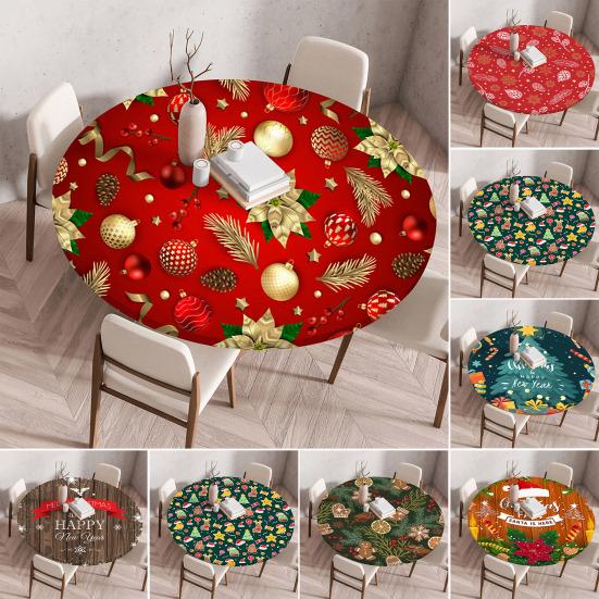 Fitted Christmas Round Tablecloth Holiday Snowflakes Table Cover with Elastic Edge Water-Resistant Christmas Tree Table Cover for Round Tables Dinner