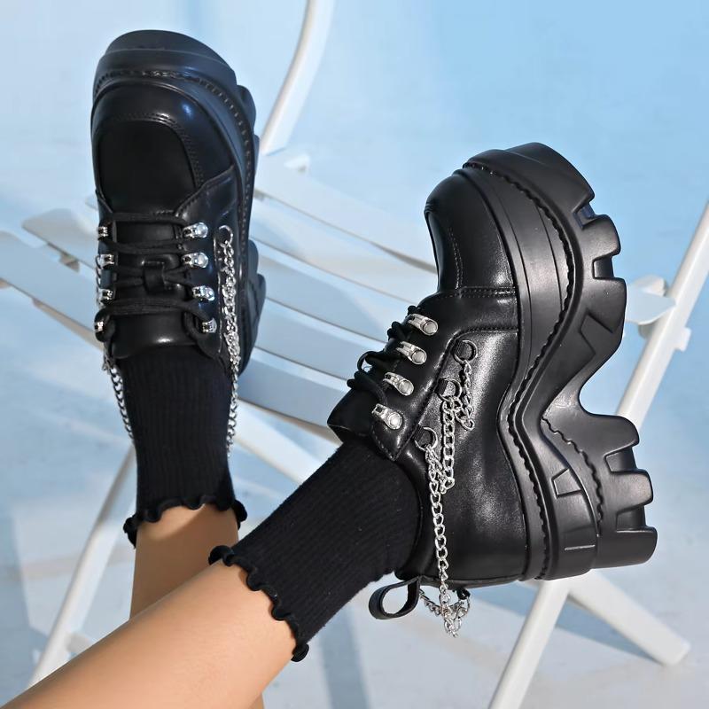 Gothic Punk Klobige Sneaker Damen Schwarzes Ketten-Dekor Plateau Sportschuhe Dicke Sohle Rutschfest Punk Sneaker