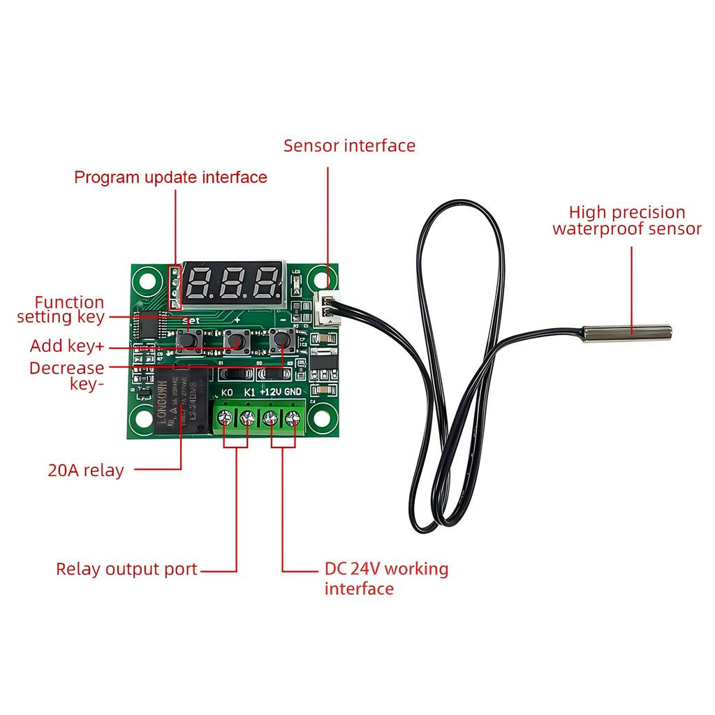 W1209 DC 24V NTC Heat Cool Digital Thermostat Temperature Controller LED Miniature Thermostat Temperature Control Switch Panel