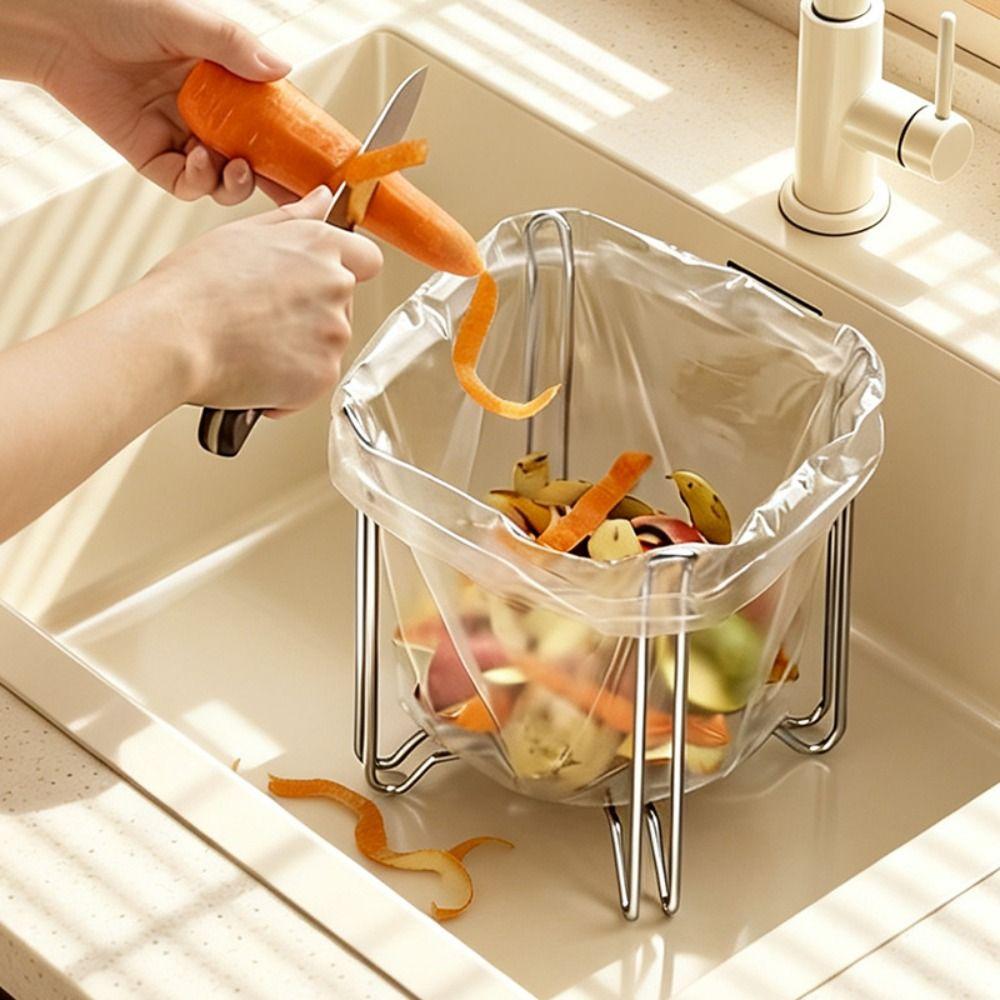 Portable Garbage Bag Rack Foldable Kitchen Sink Strainer Trash Bag Holder  For Food Waste