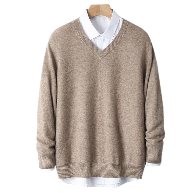 Men's V-Neck 100% Pure Wool Sweater - Solid Color, Short/Long Sleeve, Cashmere Knit Base Layer for Autumn/Winter