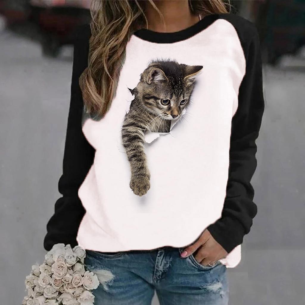 Autumn High Quality Women's Round Neck Long Sleeve 3D Printed Pet Cat Pattern Fashion Casual Women's Plus Size XXS-6XL