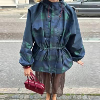 Autumn Winter Vintage Plaid Oversize Jacket For Women Loose High Neck Loose Hoodie Coat Lace Up Outwear 2025 New Lady Streetwear