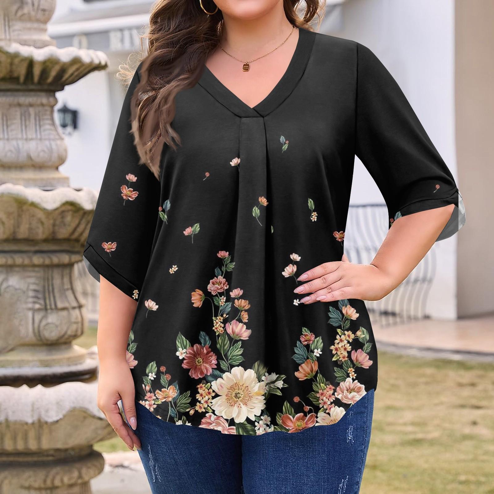 

Женская модная блузка большого размера с принтом, V-образным вырезом и рукавом три четверти XXXXL чёрный