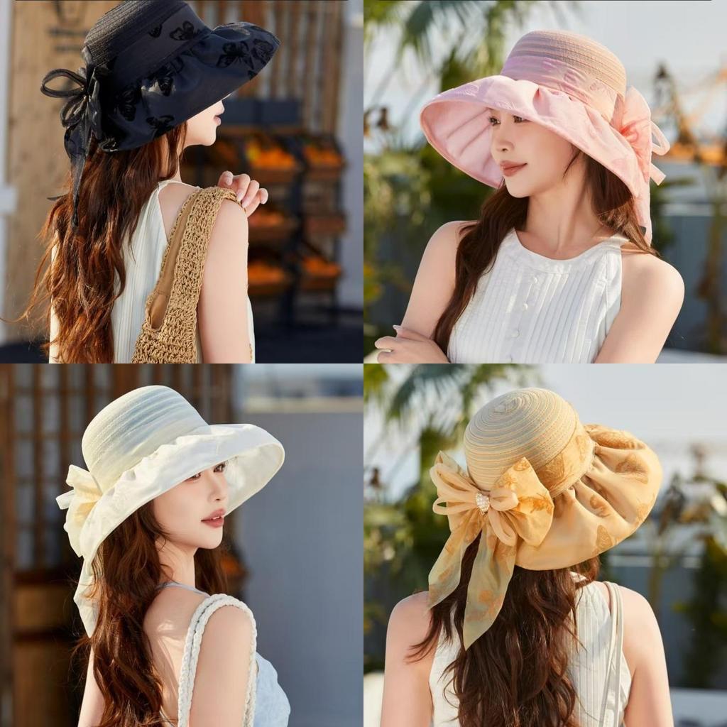 Summer Sun Protection Hat For Women With Butterfly Bow And Floral Pattern Polyester Material