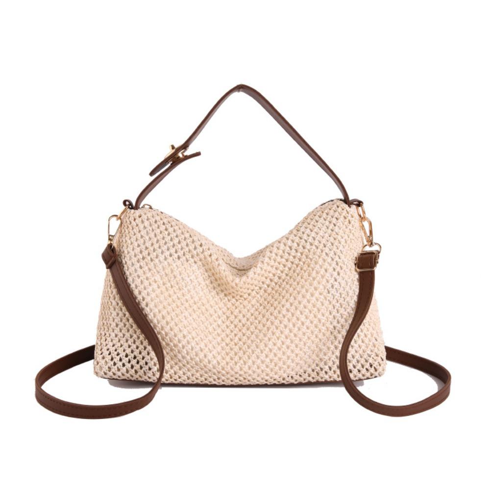 Grass Straw Crossbody Bag PU Leather Buckle Weave Handbag Casual Summer Beach Bag  Women белый