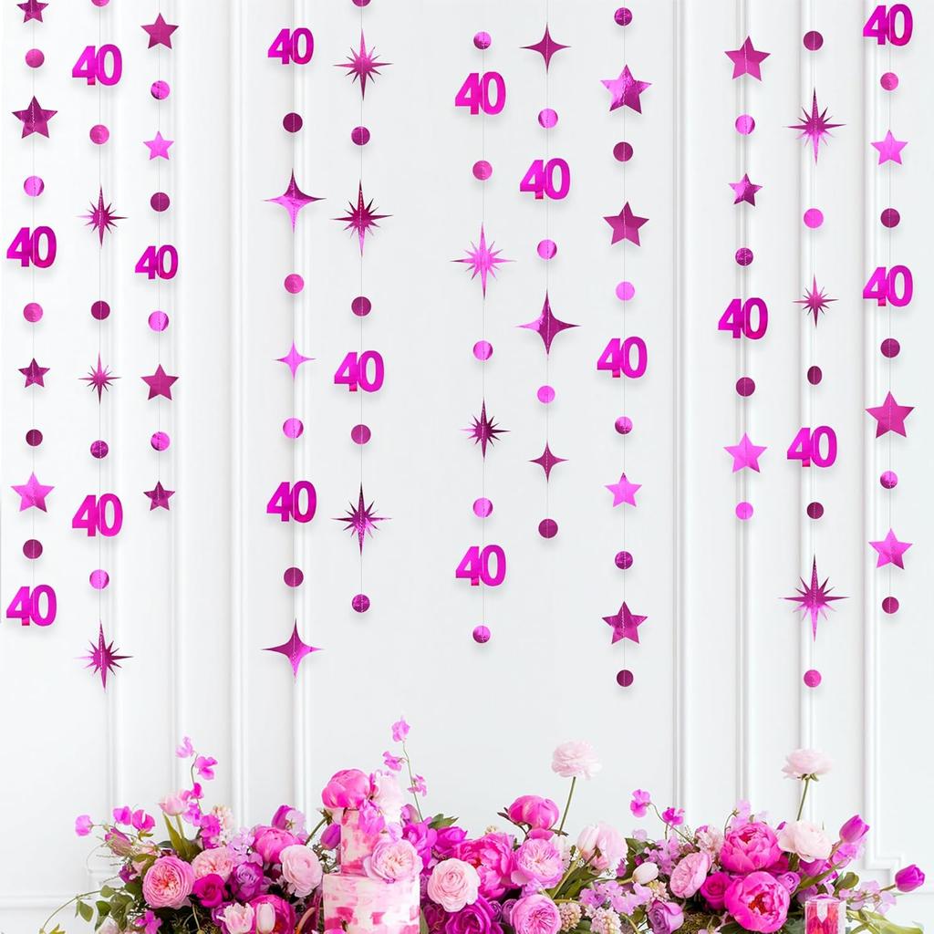 Champagne Gold 40th Birthday Decorations Number 40 Circle Dot Twinkle Star Garland Streamer Banner Backdrop for Women Mens Cheers To 40 Years Old