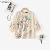 Women Casual Round Neck Loose 3/4 Sleeve Print Blouse