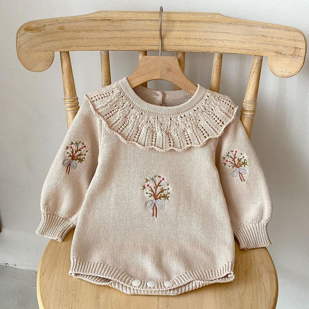 Baby Girl Spring Autumn Long Sleeve Ruffle Neck Knit Romper with Embroidery