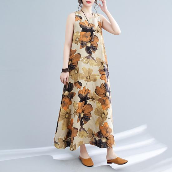 Boho Plus Size Cotton Linen Dress for Women Summer Sleeveless Printed Loose