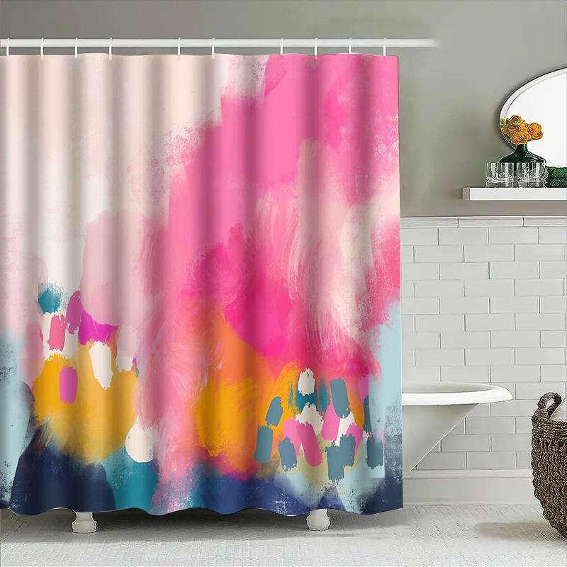 Abstract Art Shower Curtain Modern Teal Blue Beige Brush Stroke Backdrop Bathroom Decor Washable Waterproof Fabric