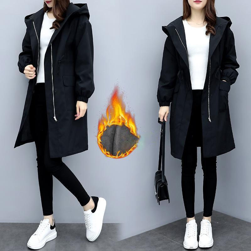 Trench Coats Women Autumn Winter Hooded Drawstring Pocket Zipper Long Outwear Plus Size Elegant Ladies Thicken Windbreaker Coats