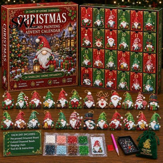 Stress Relieving Art Crafts 24-Day Gnome Advent Calendar, Faux Diamond Ornaments DIY Christmas Gift for Family Kit, Handmade Hanging Tree Wreath Home