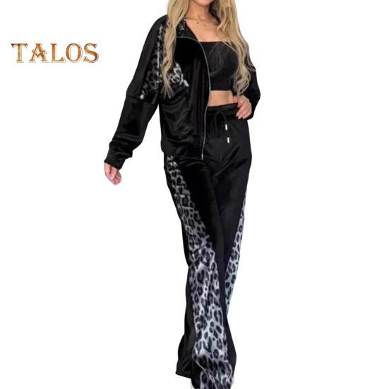 

Женские бархатные спортивные костюмы с леопардовым принтом, состоящий из двух частей, для отдыха, толстовка на молнии и спортивные штаны с карманами S чёрный