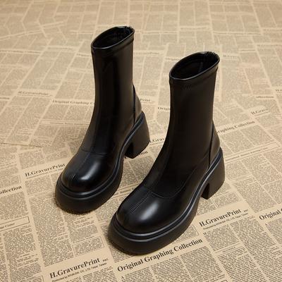Mode Schwarze Plattform Damen Stiefeletten Mode Weiche Lederschuhe Herbst Winter Dicker Absatz Damen Kurze Booties