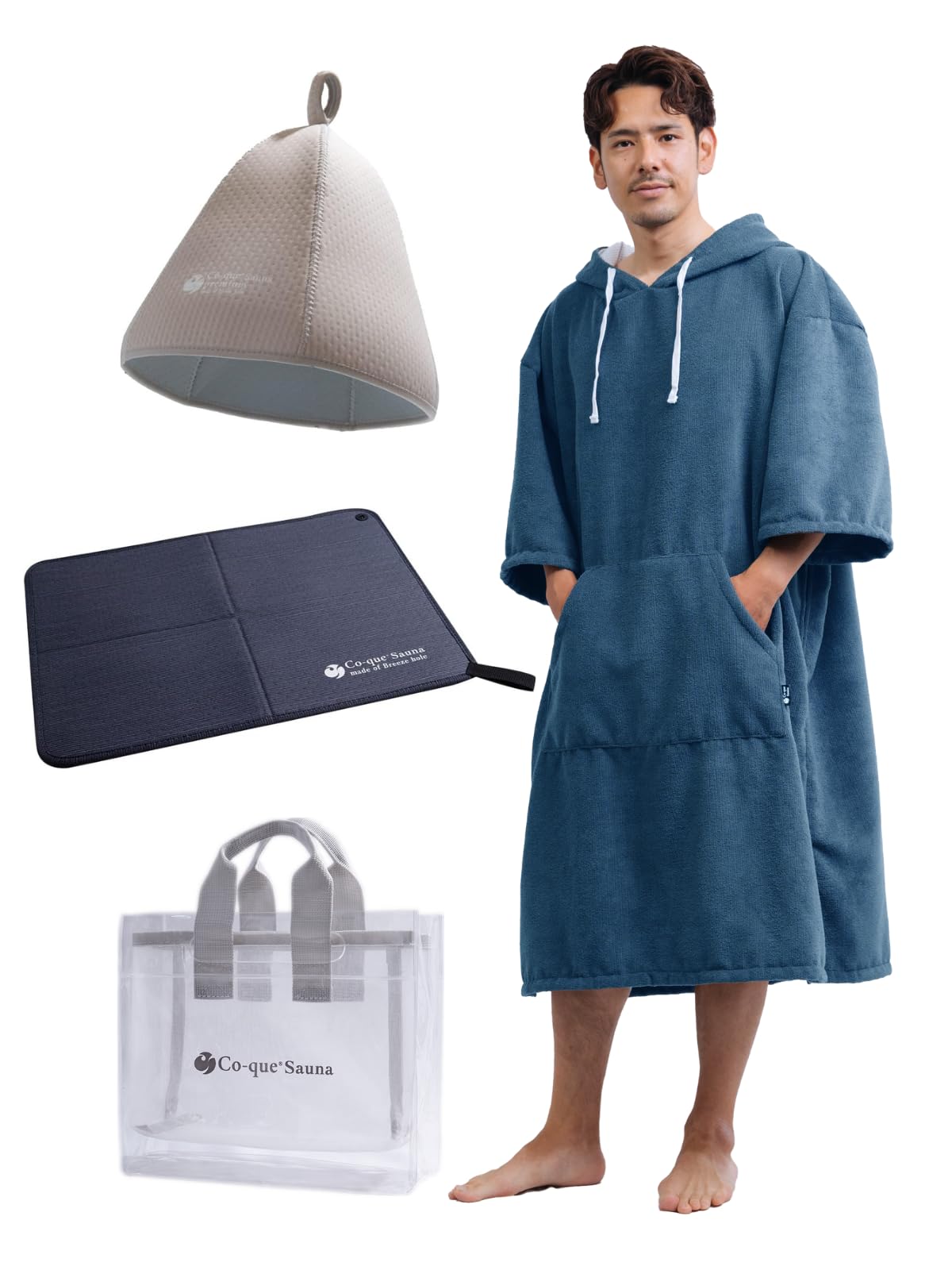 

Подарочный набор для уличной сауны с пончо темно-синего, бежево-серого и темного [co-que] цвета, 4 предмета (Пончо / Шапка / Коврик Серый)