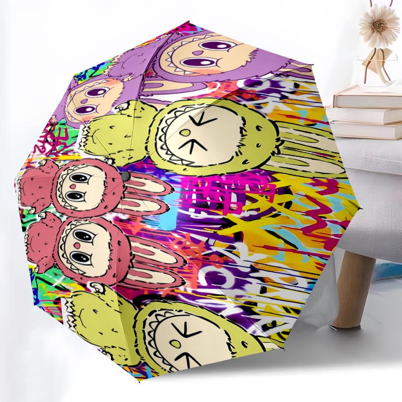 Labubu1 Print Automatic Umbrella, 8 Rib Iron Frame, Plastic Handle, Suitable for Outdoor Travel &Daily , Ideal Gift