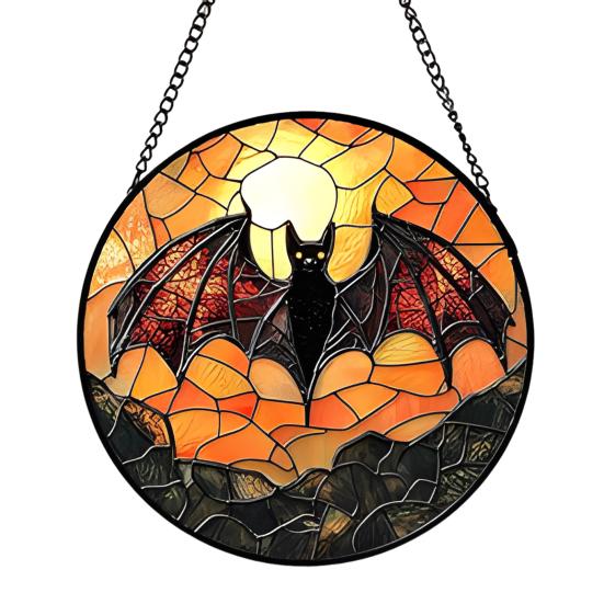Halloween Suncatcher Decoration Spider Pumpkin Bat Witch Broom Ghost Stained Glass 2D Flat Acrylic Wall Window Hanging Sign Ornament