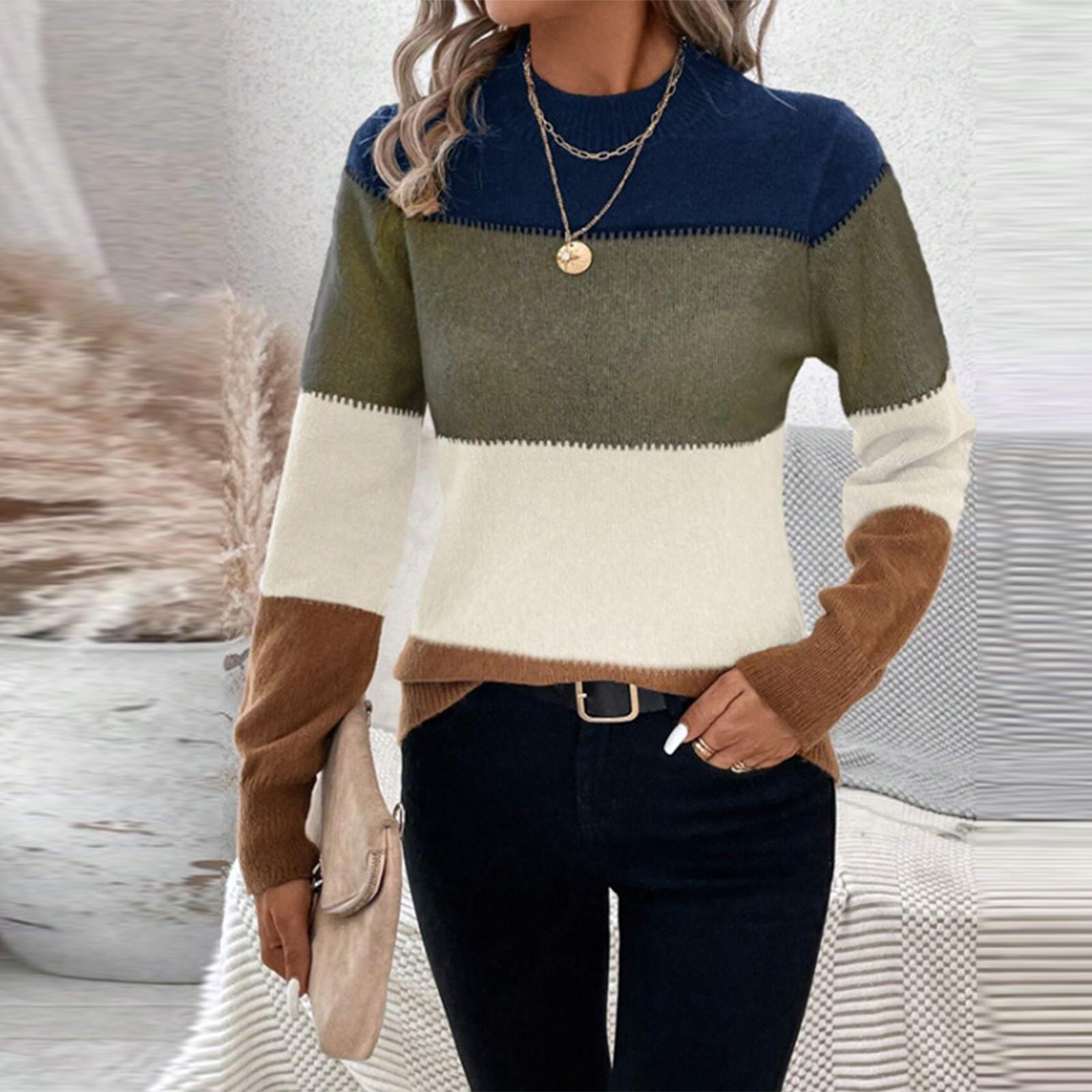 

Женский модный контрастный цветной пуловер с круглым вырезом и длинными рукавами, вязаный свитер M армия зеленый