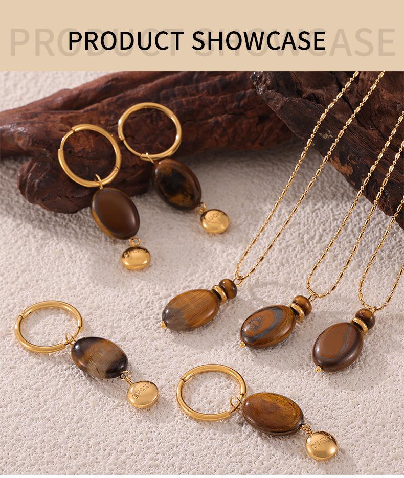 Maillard Geometric Tiger Eye Oval Pendant & Earrings Set In 18K Gold-Plated Titanium Steel