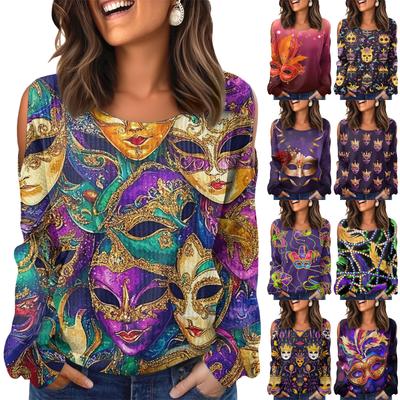 Women's Winter Oversized T-Shirt Fashionable Off-the-Shoulder Round Neck Vintage Floral Print Pullover Long-Sleeved Top