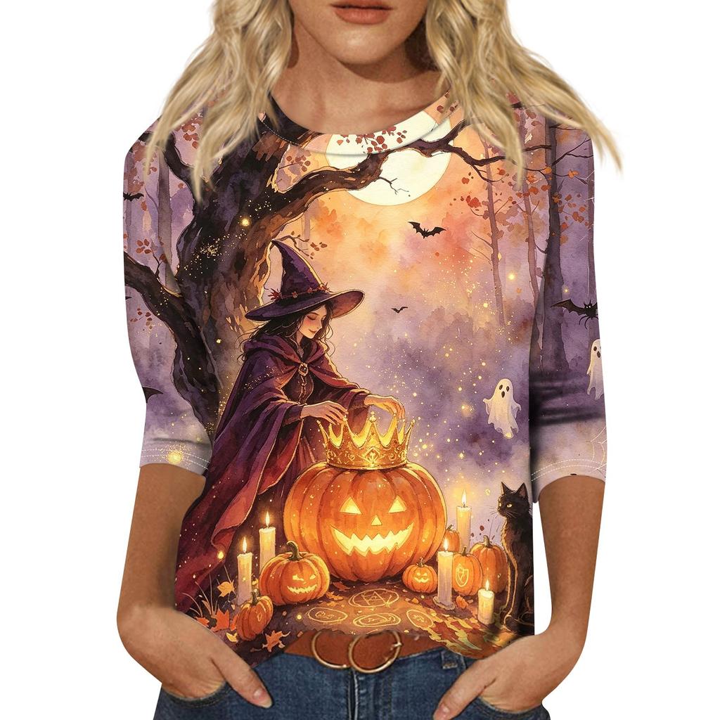 Women's Fashion Casual Halloween Print 3/4 Sleeve T-Shirt with Round Neck
