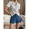 Sinan, Ant Waist Cut, Double Zipper Design Sense Polo Lapel Front Shoulder Slim Short Sleeve T-shirt SN