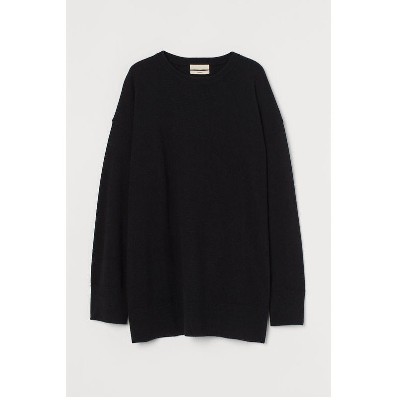 

HM Women s Cashmere Sweater Autumn Knitted plus Size Long Sleeves Pullover round Neck Loose Cashmere Tops 0786978 Black 155/80A(XS)