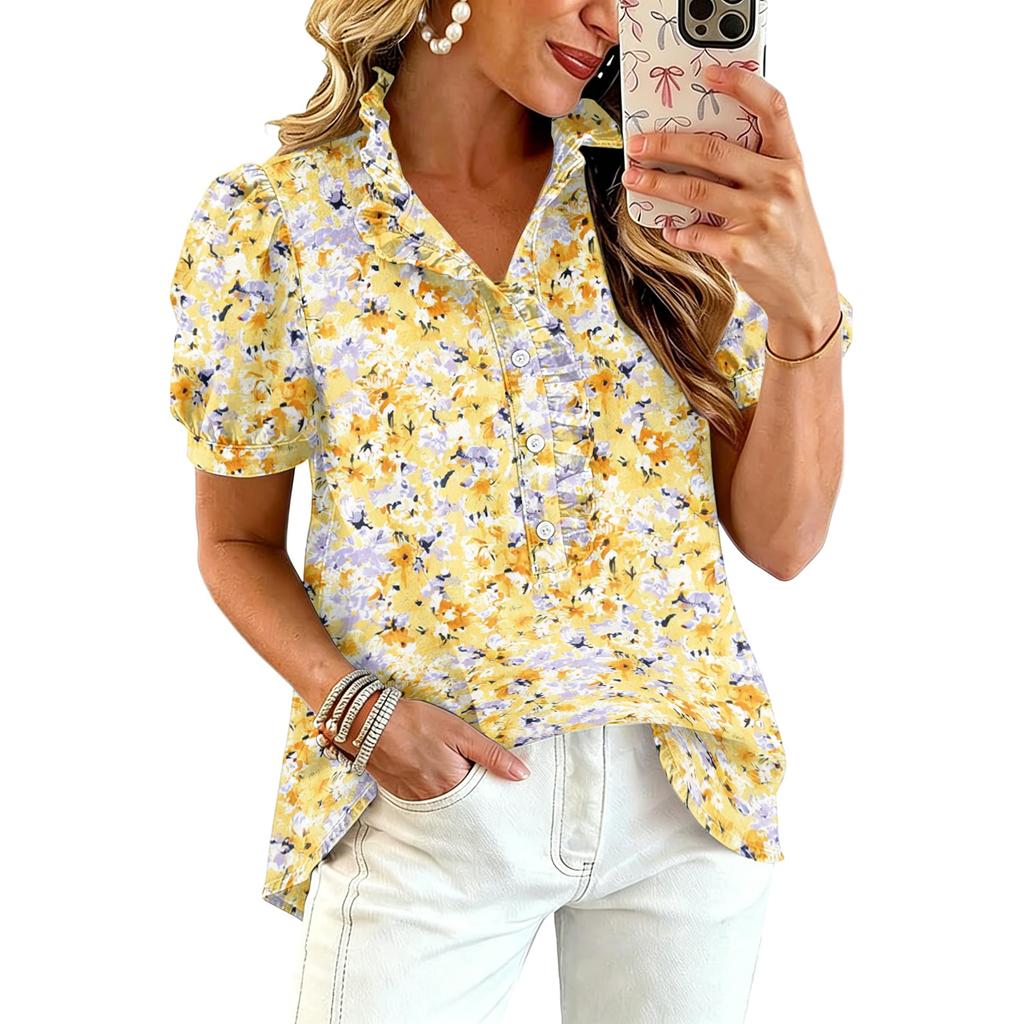 Blusa Stampata da Donna con Volant Scollo a V Manica Corta Casual Vestibilità Larga Bottoni Top Leggero per l'Uso Quotidiano