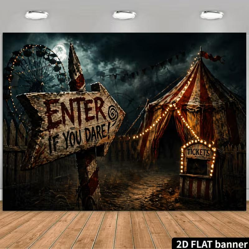 

2D Spooky Carnival Backdrop, Abandoned Ferris Wheel & String Lights Photo Booth Banner 47.2x31.5inch/120*80cm