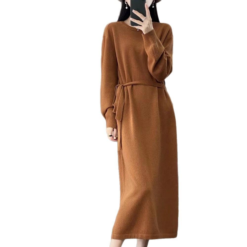 Autumn and Winter New Lace-up Temperament Thin Knitted Dress Women's Fashion Medium and Long Inner Sweater Skirt