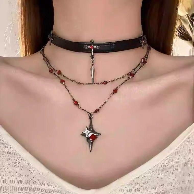 Punk Dark Black Cross Stars Pendant Necklace for Women Men Hiphop Cool Red Crystal Leather Choker Necklace Party Jewelry Gifts