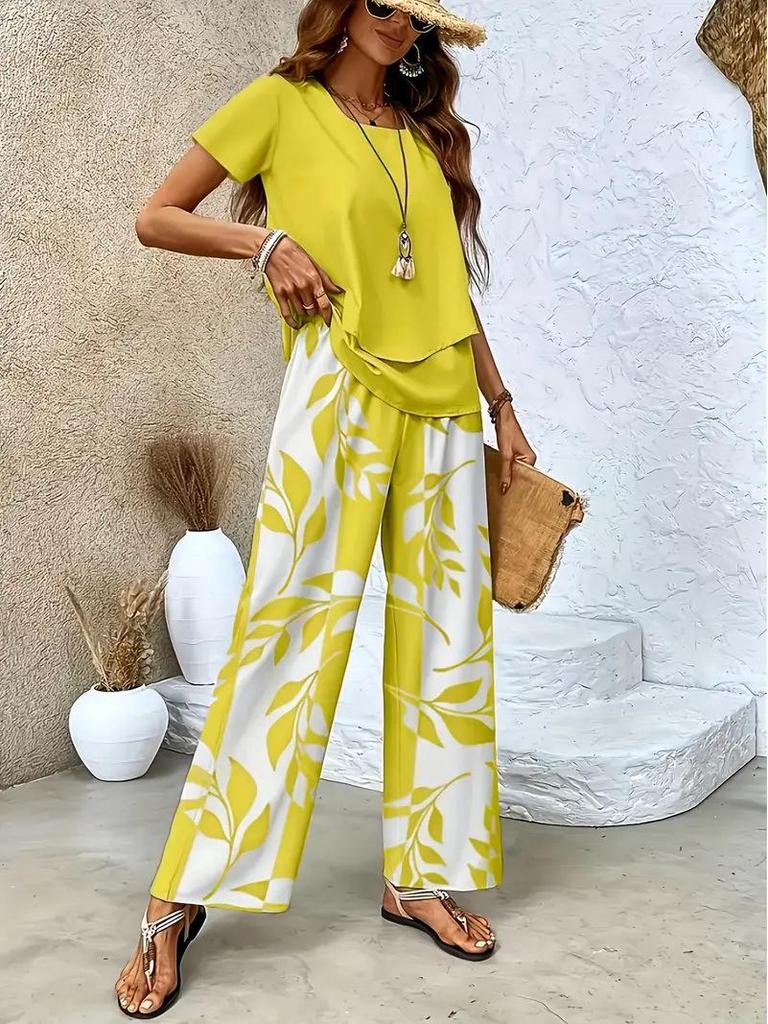 2026 Women's Printed Top and Wide-Leg Pants Set, European & American Style for Cross-Border E-commerce.